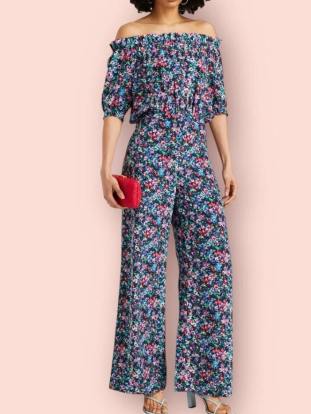 SALONI Juli off-the-shoulder printed silk crepe de chine wide-leg jumpsuit US 6